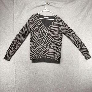 Bailey 44 Pullover Sweater Womens Size M Wool Cashmere Gray Zebra Print V-Neck